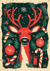 Cheerful Red Reindeer Surrounded by Festive Decorations and Snowflakes