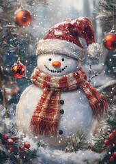 Cheerful Snowman in Santa Hat Surrounded by Christmas Decorations