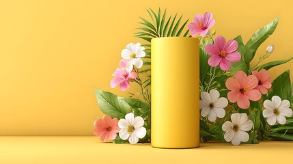 A vibrant yellow cylindrical podium is surrounded by an arrangement of colorful flowers and lush green leaves against a bright yellow background for presentation.