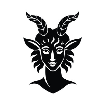 Elegant black and white illustration of a mythological satyr featuring leaf antlers and detailed facial features