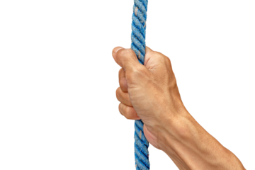 Hand Holding Blue Rope Isolated on Transparent Background for Design Cutout