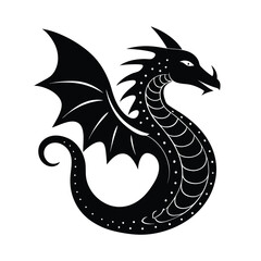 Graceful black dragon silhouette with wings displayed in a stylized vector illustration isolated on a white background