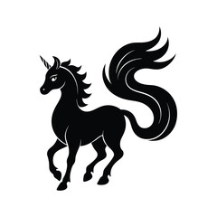 Elegant black silhouette of a unicorn with a flowing tail ideal for logos and creative designs