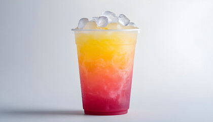 Colorful drink served in a plain, transparent 14 oz plastic cup with a neat pile of clear ice cubes on top, evoking a refreshing and indulgent feel