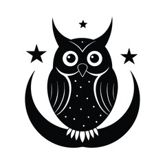 A stylish black and white owl perched on a crescent moon with stars on a clean white background vector illustration.