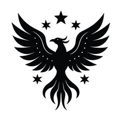 A majestic black phoenix illustration with outstretched wings and surrounding stars ideal for logos and emblems.