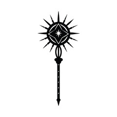 Elegant black and white vector illustration of a decorative staff with a stylized starburst celestial design
