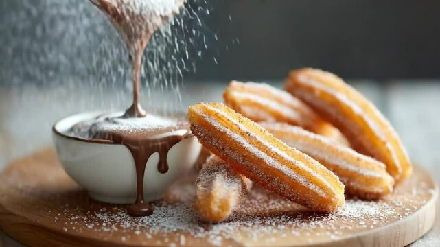 Delicious churros being drizzled with rich chocolate sauce on a wooden platter