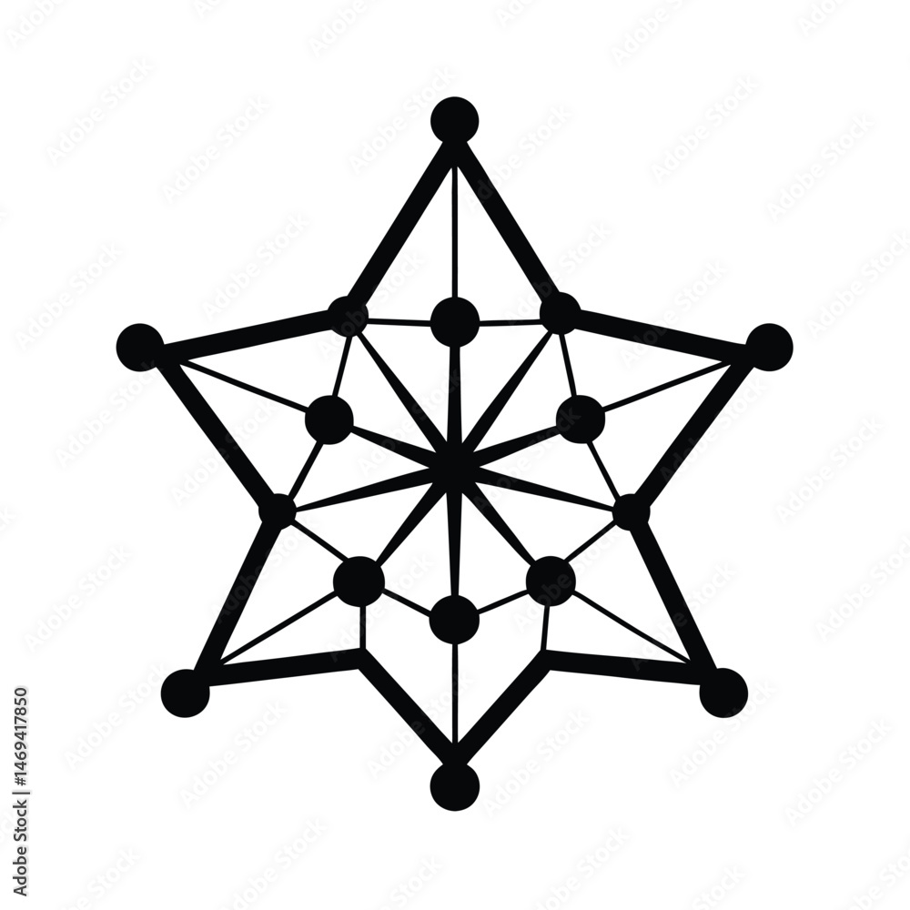 Poster black and white geometric star design with interconnected lines and circles representing a snowflake