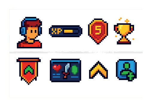 Gaming achievement pixel art icons set – retro, 8-bit, game reward graphics