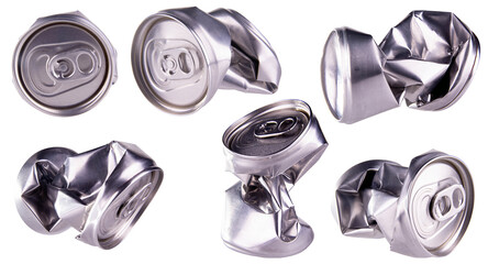 collection of crumpled empty blank soda can isolated