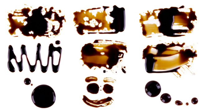 collection of spilled or splashes soybean sauce isolated on white, transparent background. png image