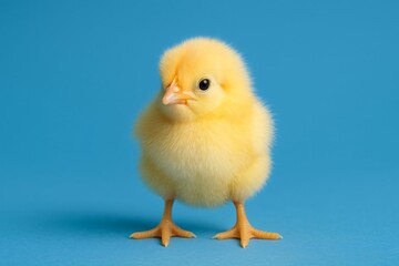 Obraz premium Cute Fluffy Yellow Baby Chick Standing on Blue Background