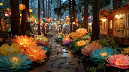 Obraz premium Enchanting nightscape glowing lanterns in an enchanted village amidst a serene forest path