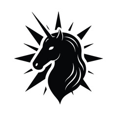 Elegant black unicorn head logo design with starburst elements suitable for fantasy brands and mystical concepts