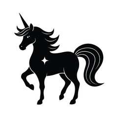 Elegant black silhouette of a majestic unicorn on white background fantasy illustration suitable for design purposes