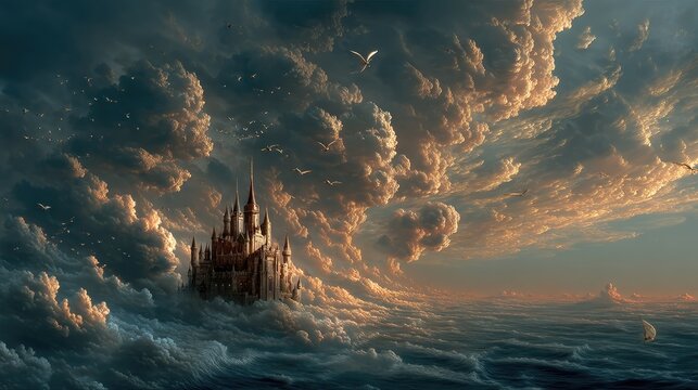 Floating fantasy castle in the sky dreamy landscape magical atmosphere enchanting view