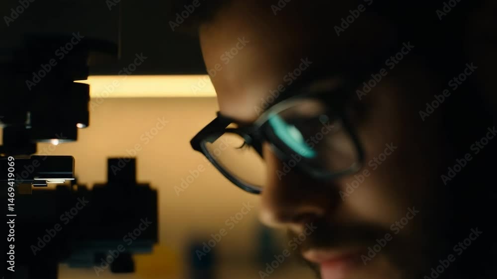 Poster a focused scientist with glasses closely observes a specimen through a microscope in a dimly lit lab