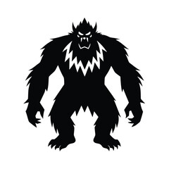 Silhouette illustration of a fierce bigfoot creature in black against a white background featuring an angry facial expression.
