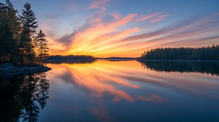 Obraz premium Sunset Lake Reflection with Calm Nature. (1)