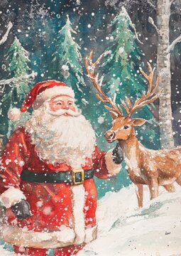Cheerful Santa Claus with Reindeer in Winter Wonderland Scene