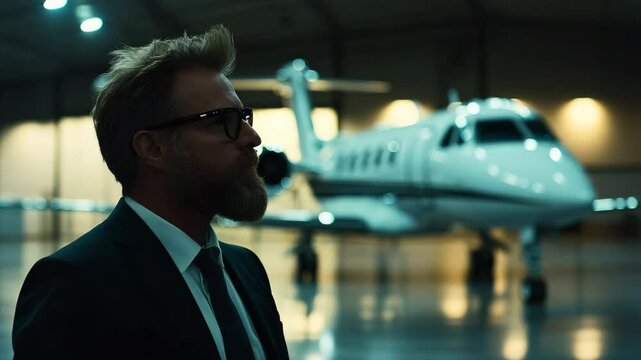 A man in a suit stands inside an airplane hangar, with a private jet in the background under artificial lights.