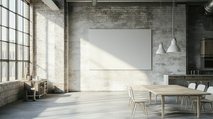 Modern industrial loft interior with blank canvas.