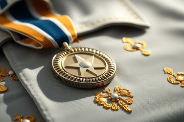 Close-up of a shiny military medal on crisp formal uniform fabric, golden embroidery details, bright natural lighting, no people visible, ultra-realistic style clear metal.