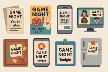 Game night invitation icons set – flat, filled, party and fun symbols