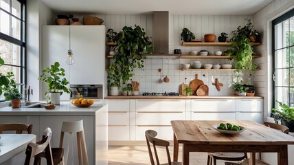 Bright and inviting kitchen featuring wooden cabinets, expansive windows, and a stylish range hood.