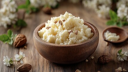 Creamy Shea Butter in Wooden Bowl with Nuts and Blossoms