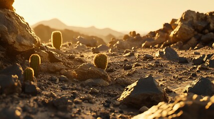 Golden Hour Desert Cactus Landscape: Sunlit Stones and Resilient Plants