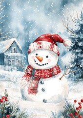 Cheerful Snowman in Winter Wonderland with Snowflakes and Cabin