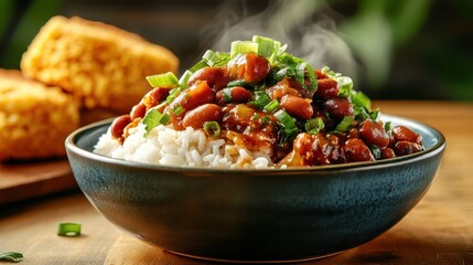 A steaming bowl of fluffy rice topped with savory beans, fresh green onions, and rich sauce, served alongside golden cornbread for a comforting meal experience.