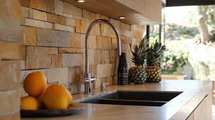 Modern Kitchen Design with Stone Backsplash and Chrome Faucet