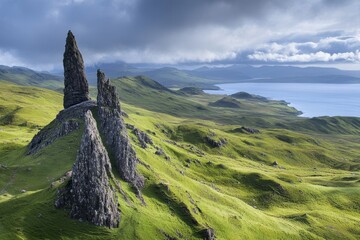 Dramatic rock formations stand sentinel over a lush, green landscape, meeting a serene, coastal expanse