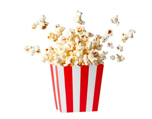 Isolated popcorn bucket with flying kernels snack for movie night transparent PNG cutout