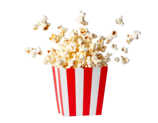 Isolated popcorn bucket with flying kernels snack for movie night transparent PNG cutout