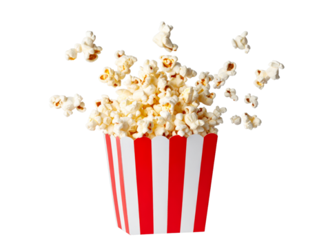 Isolated popcorn bucket with flying kernels snack for movie night transparent PNG cutout