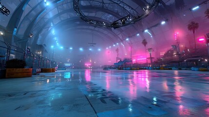 Obraz premium Metaverse gaming arena experience neon lights digital landscape futuristic environment immersive view
