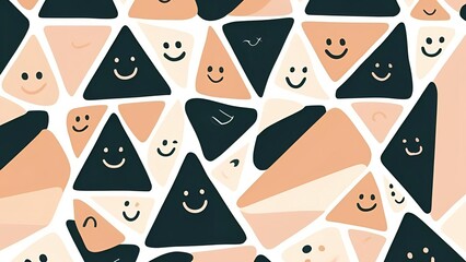 Abstract Cute Triangle Pattern with Smiling Faces – Playful Geometric Seamless Background in Soft Beige and Black Tones for Kids, Nursery Decor, Wall Art, Wrapping Paper, or Digital Design Projects