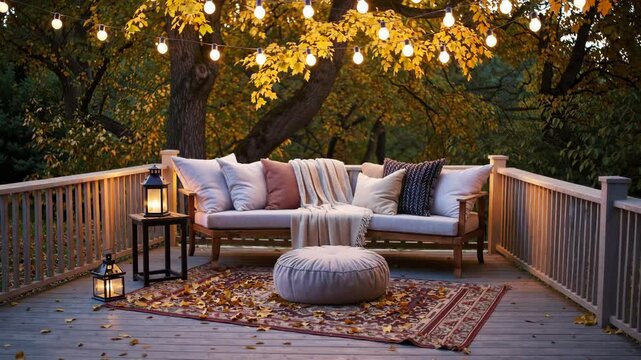 Autumn evening on cozy deck with lighting and falling leaves