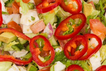 Salad of soft cheese, fresh vegetables and lettuce close-up