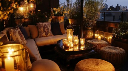 Evening Tranquility: Illuminated Rooftop Terrace Ambiance with Cozy Seating