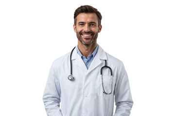 Fototapeta premium Portrait of a professional smiling doctor with stethoscope, handsome man, isolated on transparent background 