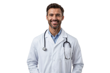 Portrait of a professional smiling doctor with stethoscope, handsome man, isolated on transparent background
