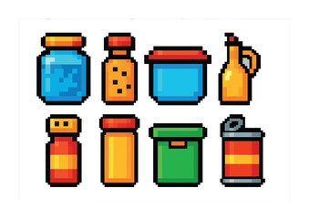Retro pixel art containers and jars for digital and print design projects