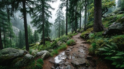 Obraz premium Foggy mountain path surrounded by pine forest nature trail serene environment scenic view