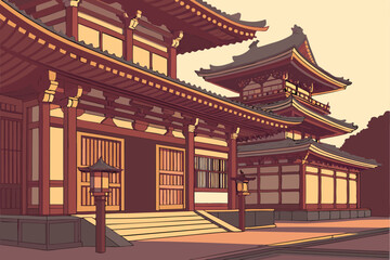 Obraz premium 14 byakko style traditional japanese buddhist temple, highly detailed architectural rendering, intricate design, symmetry, warm colors, golden accents, dramatic lighting, photorealistic, 8k