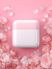 An elegant white and pink cosmetic jar sits surrounded by delicate pink rose blossoms and petals on a soft pink background, creating a feminine aesthetic appeal.